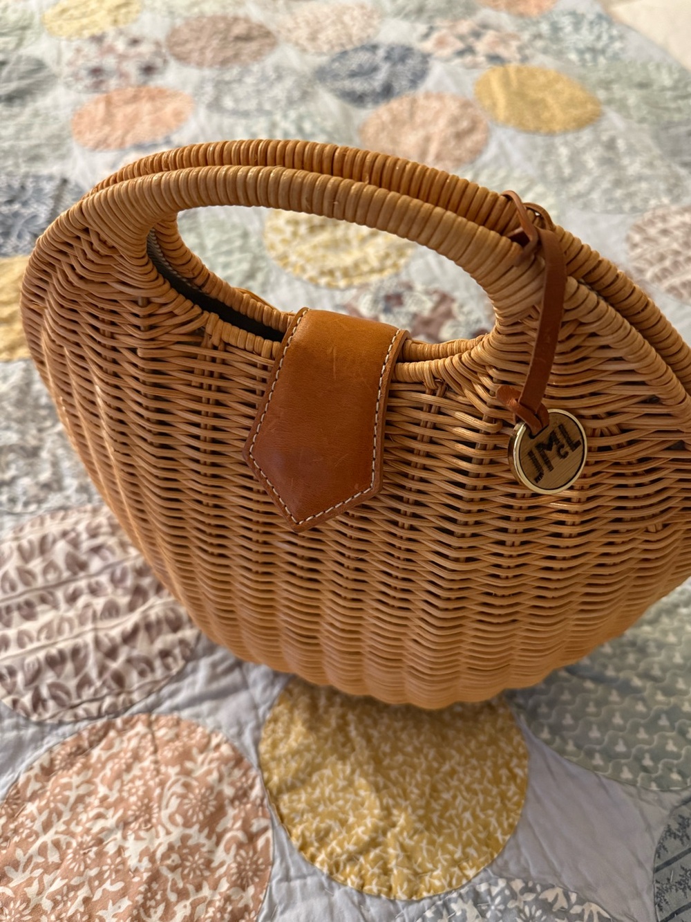 J. McLaughlin Woven Rattan bag with Tan Leather Trim
